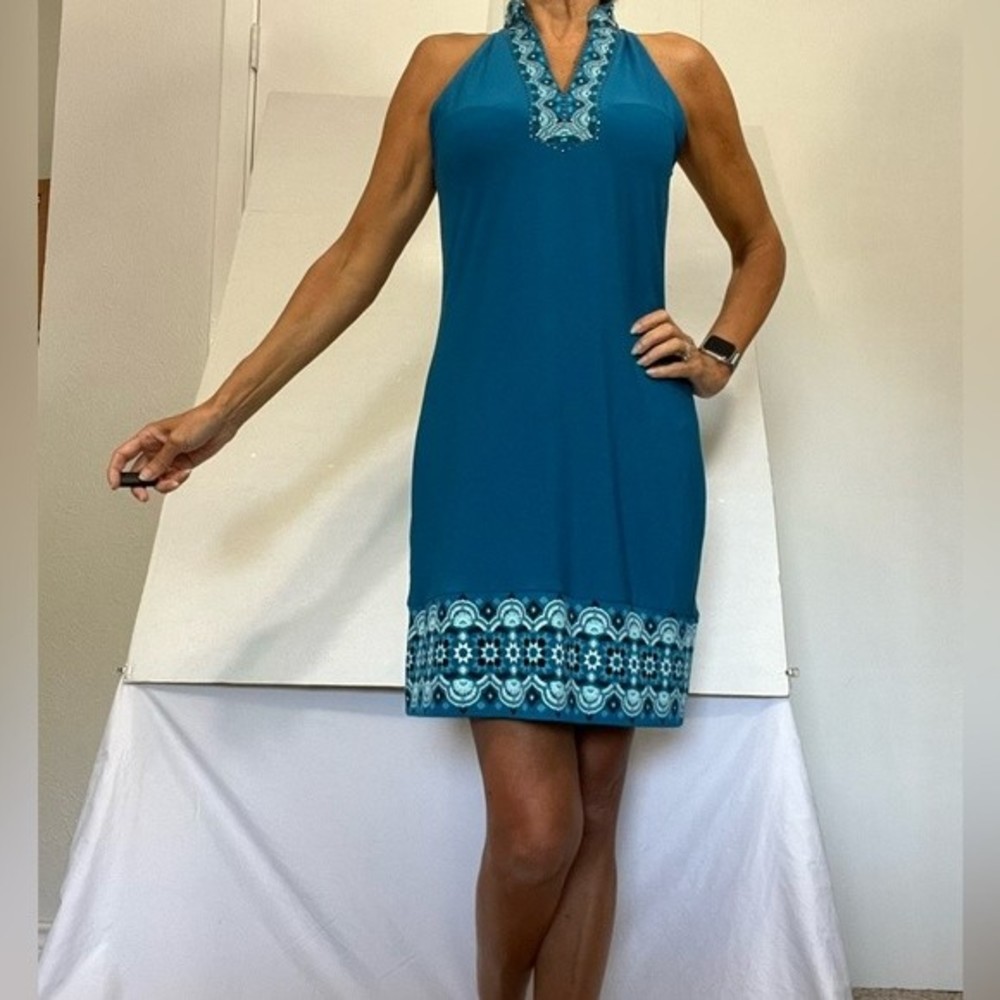 White House Black Market Embroidered Dress, Sleeveless, Split Neck, Teal, Small